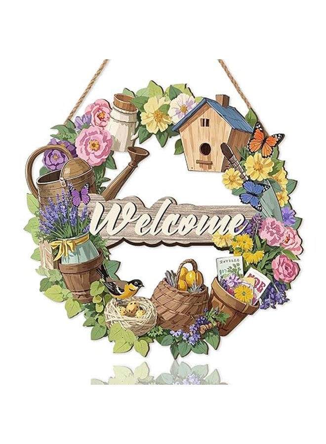أخبار لافتات ترحيبية للباب الأمامي، إكليل ترحيبي ملون، لوحة جدارية معلقة، ديكور حائط خشبي مزين بالزهور، لوحة خشبية للحديقة، ديكور منزلي للشرفة الخارجية، علاقة بوابة الحديقة، لافتات منزل ريفي للخارج - Image 1