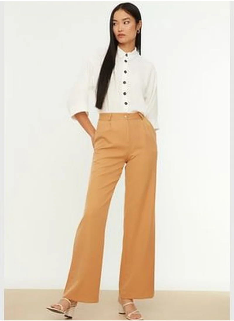 trendyol Brown High Waist Wide Leg/Wide Legs Pleated Woven Trousers TWOAW21PL0076