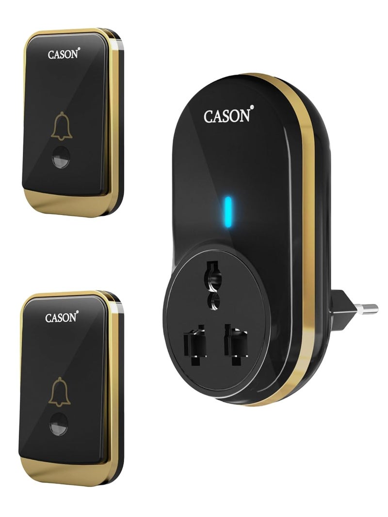CASON جرس باب لاسلكي عن بُعد 2 للمنزل مدى طويل / جرس باب لاسلكي للمنزل / جرس اتصال لاسلكي، جرس عن بُعد مع قابس يصل إلى مدى 1000 قدم (أسود) - Image 1