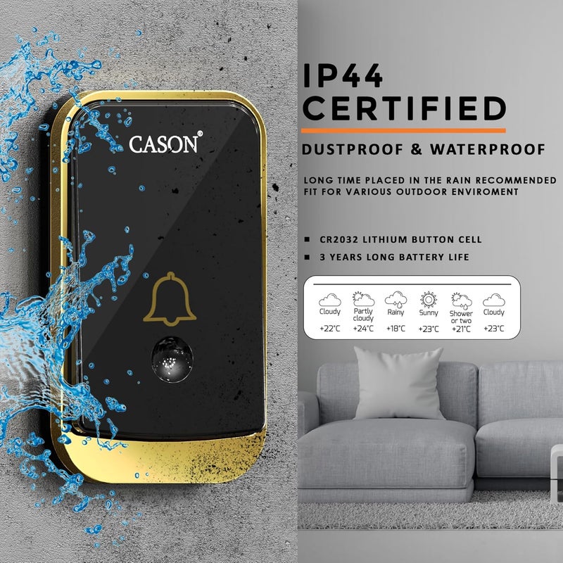 CASON جرس باب لاسلكي عن بُعد 2 للمنزل مدى طويل / جرس باب لاسلكي للمنزل / جرس اتصال لاسلكي، جرس عن بُعد مع قابس يصل إلى مدى 1000 قدم (أسود) - Image 5