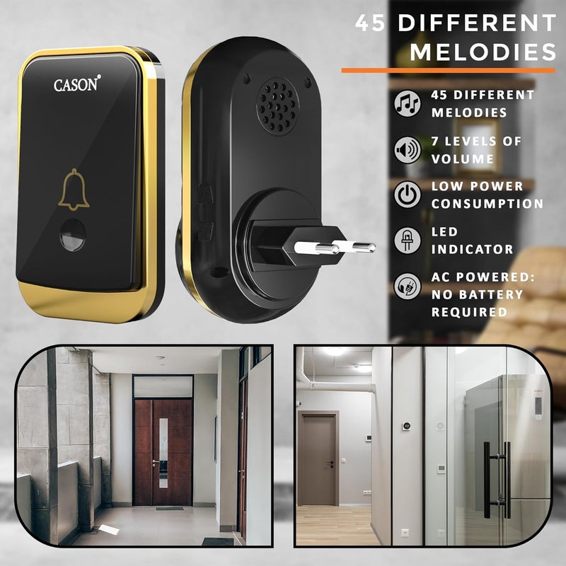 CASON جرس باب لاسلكي عن بُعد 2 للمنزل مدى طويل / جرس باب لاسلكي للمنزل / جرس اتصال لاسلكي، جرس عن بُعد مع قابس يصل إلى مدى 1000 قدم (أسود) - Image 4