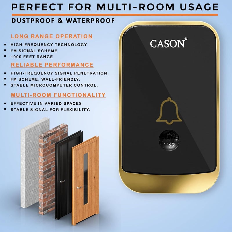 CASON جرس باب لاسلكي عن بُعد 2 للمنزل مدى طويل / جرس باب لاسلكي للمنزل / جرس اتصال لاسلكي، جرس عن بُعد مع قابس يصل إلى مدى 1000 قدم (أسود) - Image 3