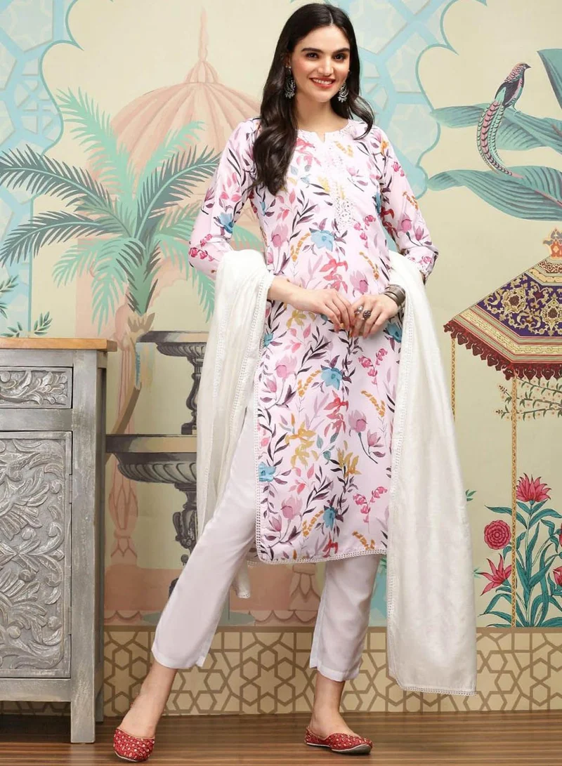 آي شين Regular Fit Three-Quarter Sleeve Printed White Polyester Woven Kurta Set For Women Flat Collar Perfect For Wedding And Engagement Pull On Closure