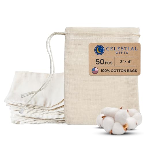 Celestial Gifts Muslin Bags - Drawstring - Small 50pcs - 3x4, Reusable Tea Bags, Jewelry Gift, Spice and Cotton Gift Sachet - 100% Cotton - Made in USA - (Natural Hem & Drawstring) - Image 1