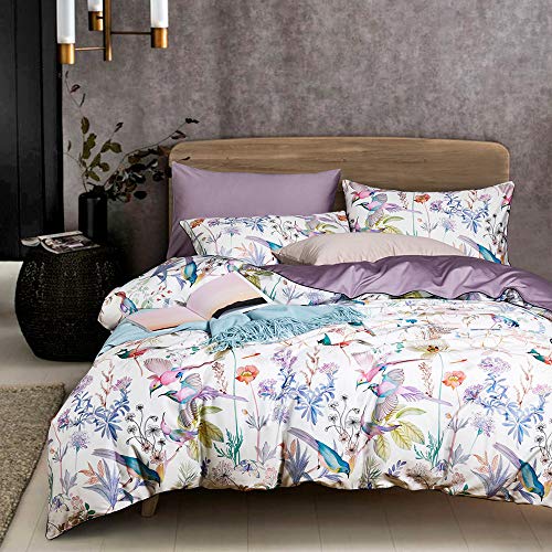 VM VOUGEMARKET VM VOUGEMARKET Multi Color King Duvet Cover Set with Floral Bird PatternWhite Purple Bedding SetLightweight Elegant Botanical Duvet Cover for Girls