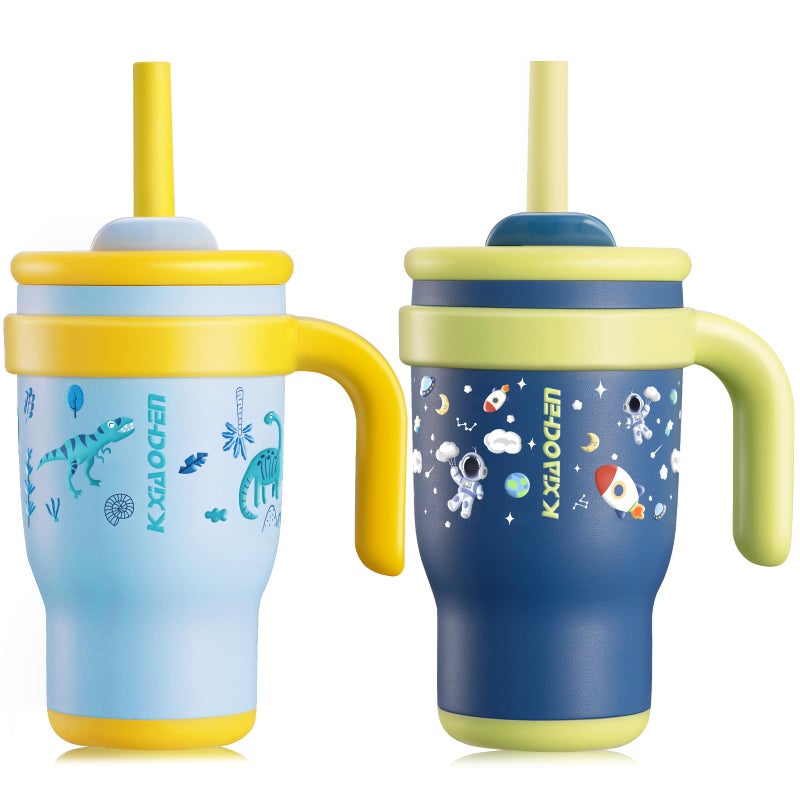 KXIAOCHEN 14 oz Kids Tumbler with Handle for Spill Proof Insulated Stainless Steel Reusable Tumbler for Toddlers, Keeps Drinks Cold up to 24 Hrs,Dinosaur+Spaceman2P - Image 1