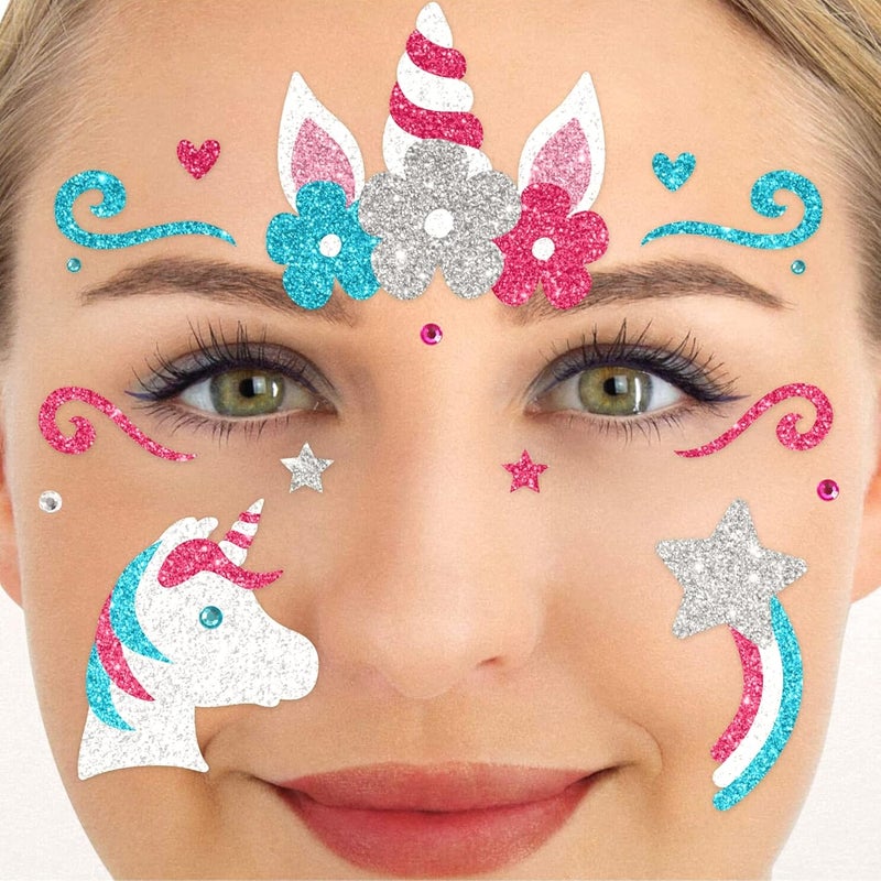 Party Factory Timely planned dispatch Unicorn Face Tattoo, Temporary Glitter Face Tattoo for Theme Party, Halloween & Carnival, Children & Adults KSA local stock - Image 1