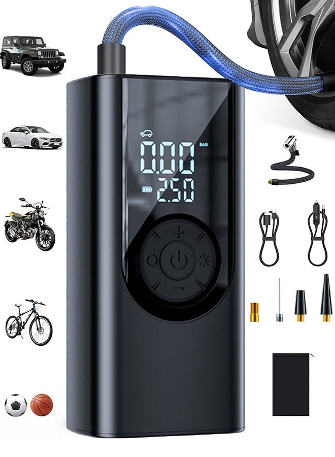 Generic Tire Inflator Portable Air Compressor, 150 PSI Cordless Mini Bike Tire Pump, Air Pump for Auto, Motorcycle, Bicycle, Balls with Pressure Gauge&LED Light, Black  - Image 1