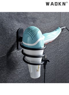 WAOKN Bathroom Hair Dryer Holder, Adhesive Wall Mounted Chrome Finished Hair Care Tools Holder Rack Hair Care Styling Tools Organizer Hanger with Self-Adhesive Adhesive and Cable Hook (black)  - Image 2