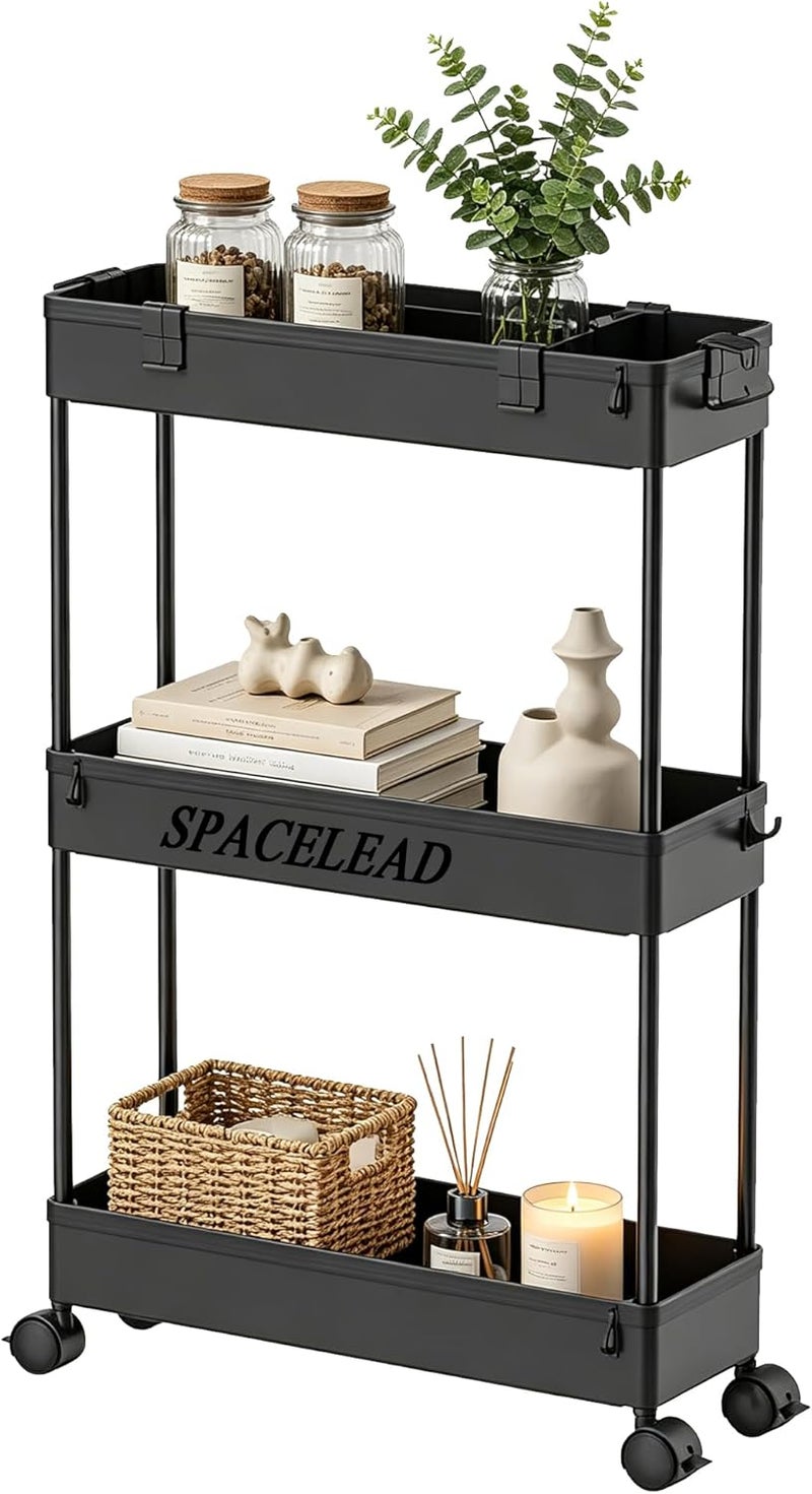 SPACELEAD Slim Storage Cart,3 Tier Bathroom Rolling Utility Cart Storage Organizer Slide Out Cart, Mobile Shelving Unit Organizer Trolley for Office Bathroom Kitchen Laundry Room Narrow Places, Black - Image 1