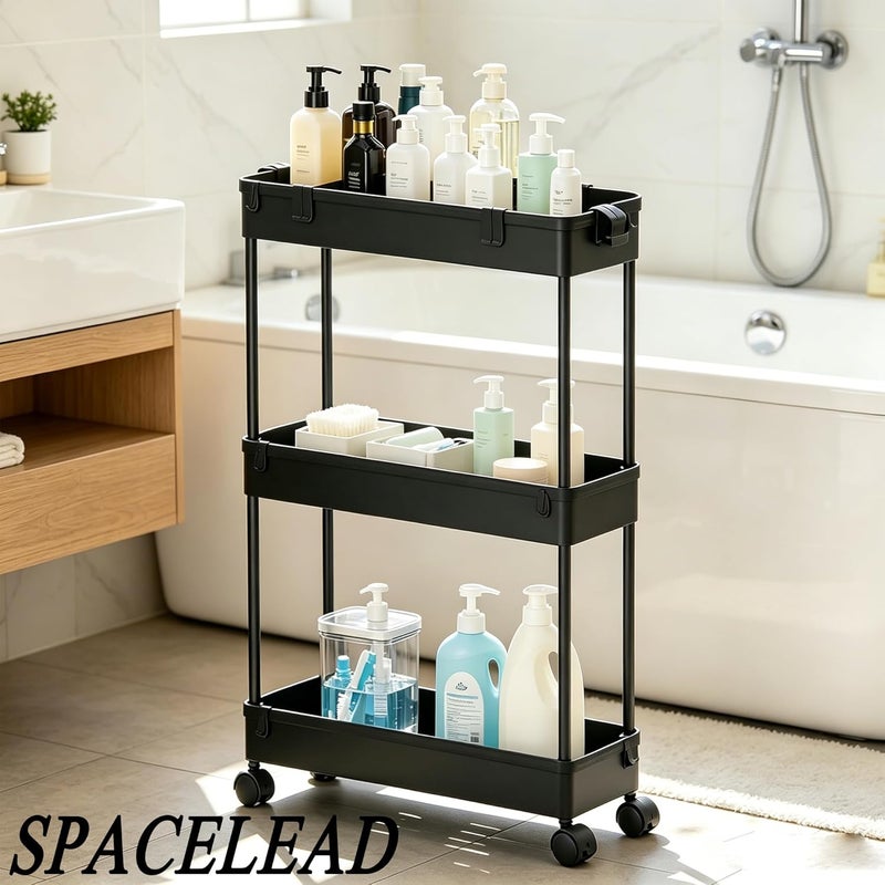 SPACELEAD Slim Storage Cart,3 Tier Bathroom Rolling Utility Cart Storage Organizer Slide Out Cart, Mobile Shelving Unit Organizer Trolley for Office Bathroom Kitchen Laundry Room Narrow Places, Black - Image 2