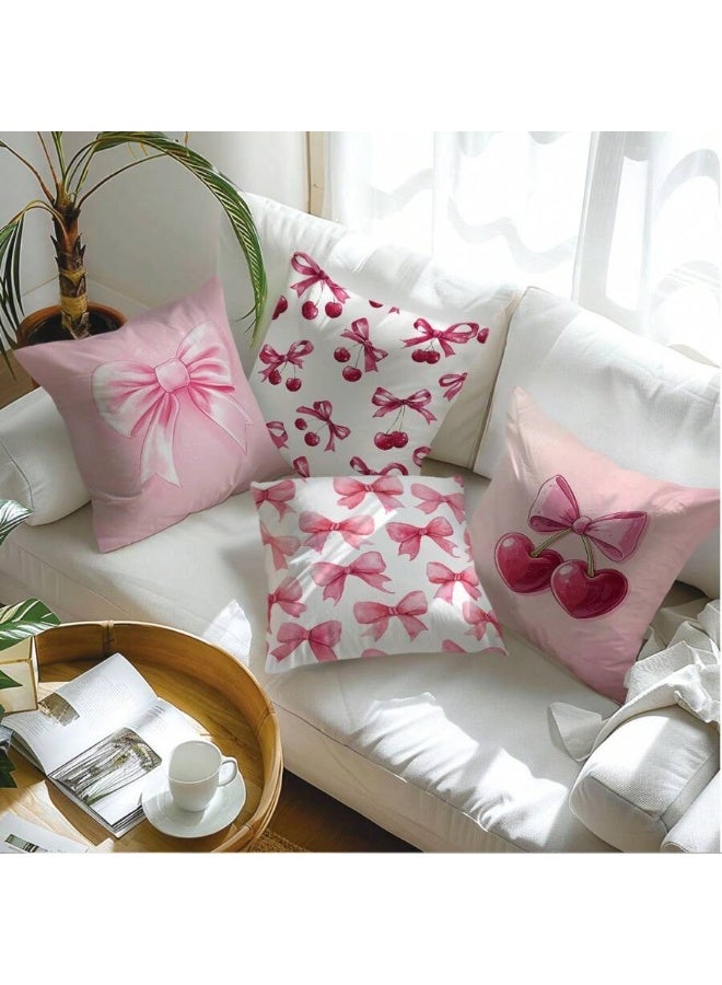 طقم ٤ غطاء وسائد زخرفية – تصاميم فيونكات وردية وكرز، ٤٥×٤٥ سم - Image 3
