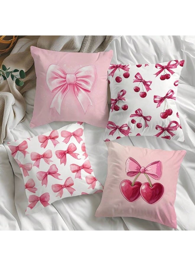 طقم ٤ غطاء وسائد زخرفية – تصاميم فيونكات وردية وكرز، ٤٥×٤٥ سم - Image 1