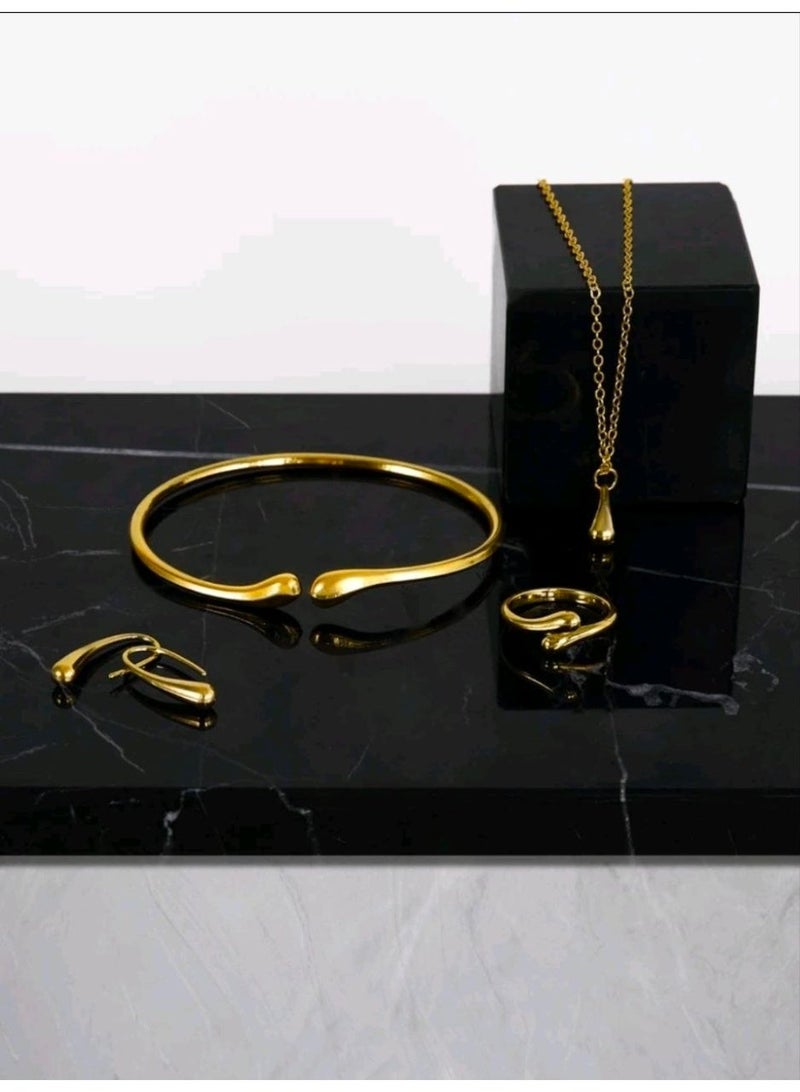 شي إن SHEIN-5pcs Elegant Water Drop Jewelry Set - Alloy Necklace, Bracelet, Earrings, Ring-Chinese Gold - Image 2