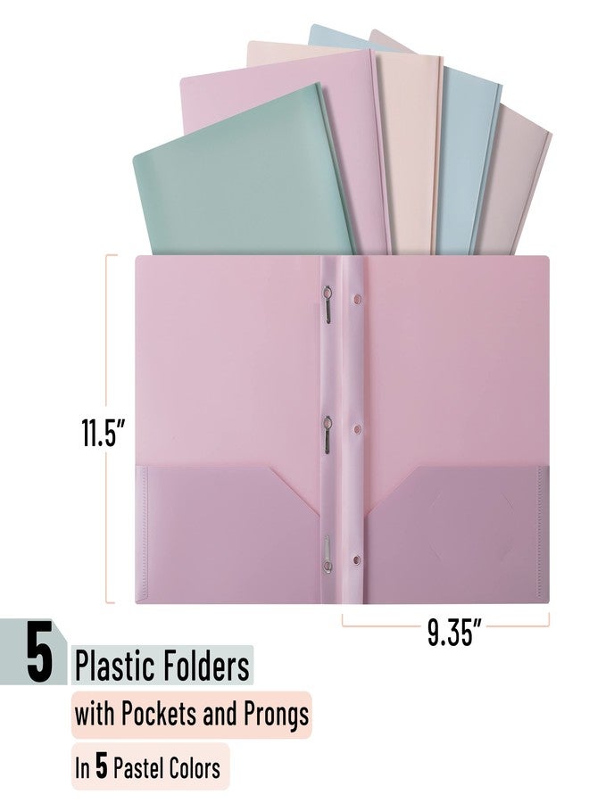 Mr. Pen Plastic Folders with Pockets and Prongs, 5 Pack, Muted Pastel Colors, Letter (8.5" x 11") - 5 Pack, Pink, Back to School Supplies - Image 2