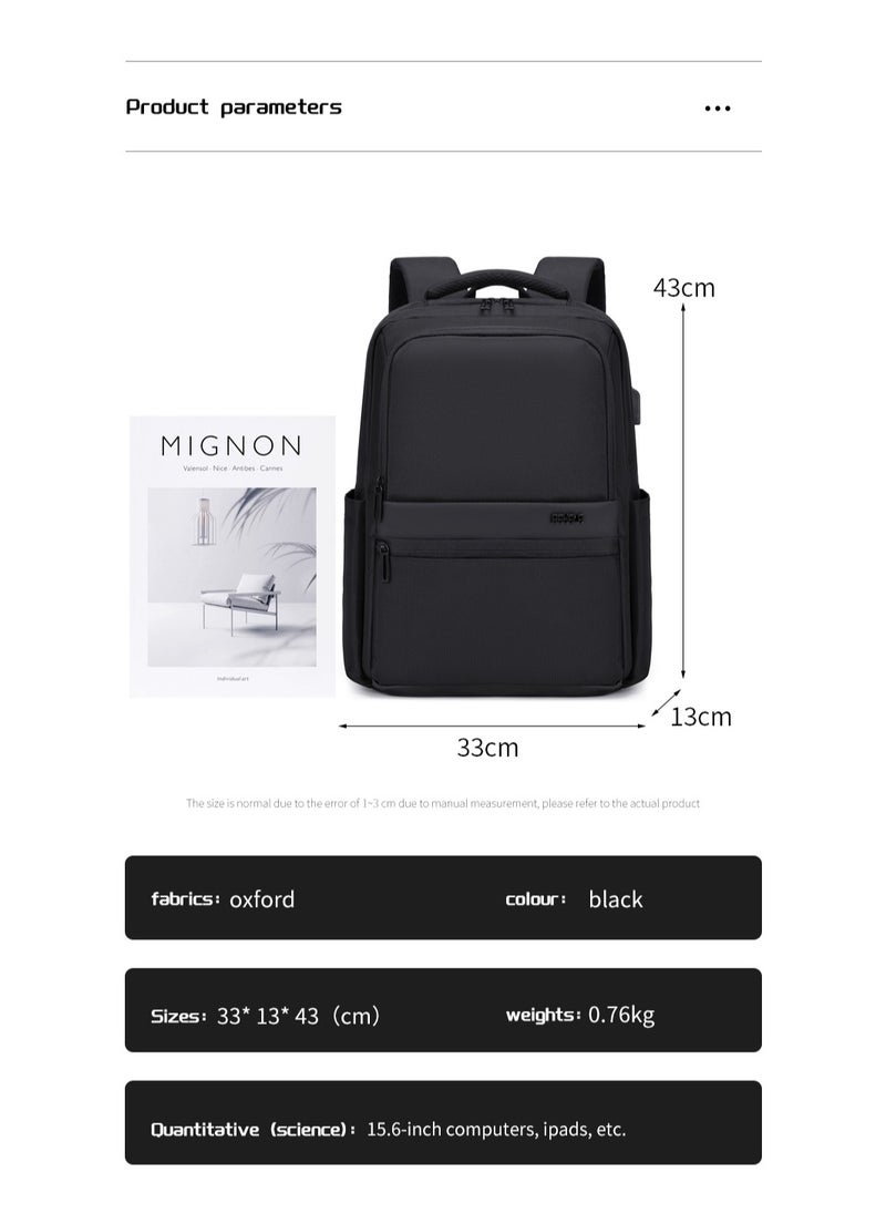 RAHALA - Rl-503 15.6-Inch Laptop Large Capacity Waterproof Business USB Charging Backpack, Black - Image 1