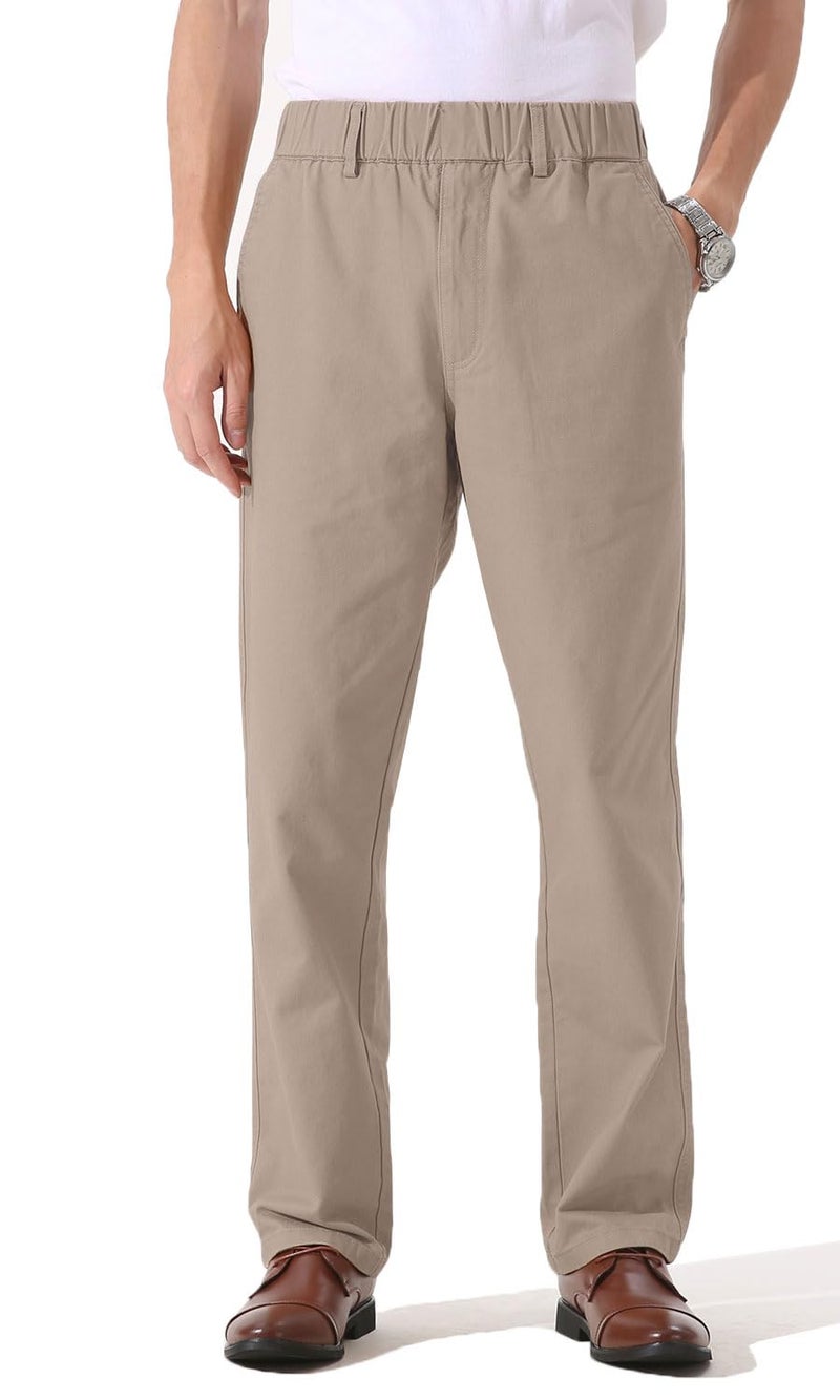 Soojun Mens Cotton Relaxed Fit Full Elastic Waist Twill Pants Timberwolf Stretch 42W x 30L