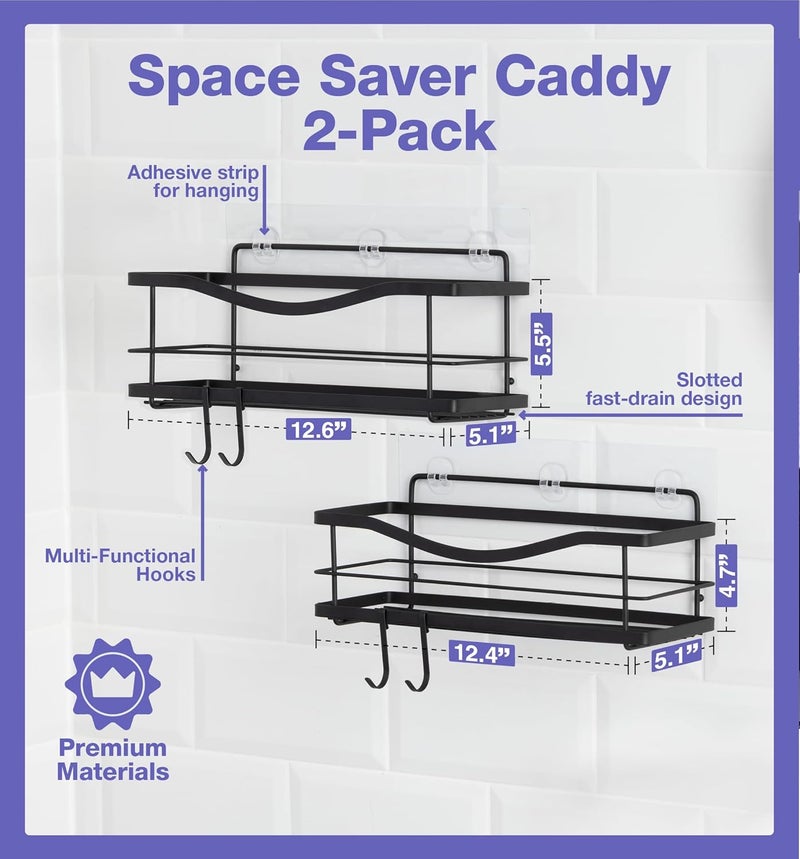 KINCMAX Shower Shelves 2-Pack - Self Adhesive Caddy with 4 Hooks - No Drill Large Capacity Stainless Steel Wall Shelf - Aesthetic Organizer for Inside Bathroom - Matte Black - Image 3