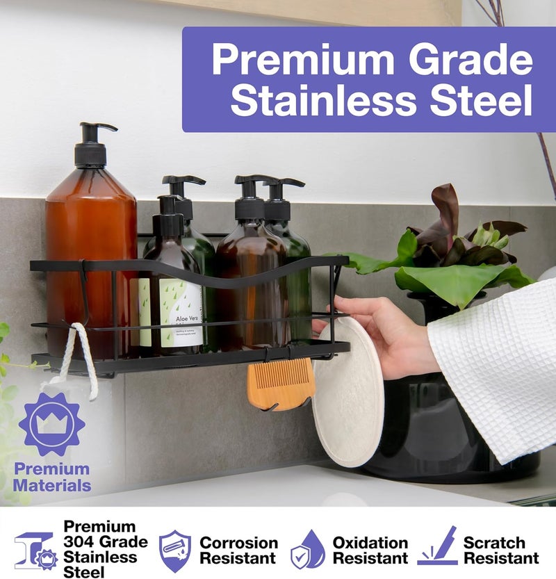 KINCMAX Shower Shelves 2-Pack - Self Adhesive Caddy with 4 Hooks - No Drill Large Capacity Stainless Steel Wall Shelf - Aesthetic Organizer for Inside Bathroom - Matte Black - Image 2