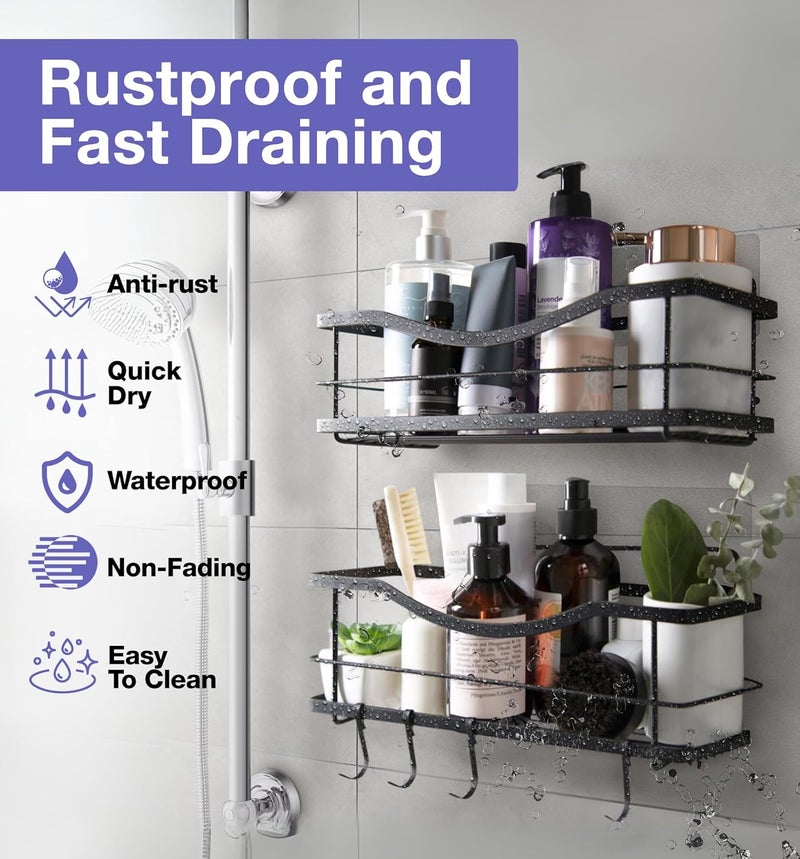 KINCMAX Shower Shelves 2-Pack - Self Adhesive Caddy with 4 Hooks - No Drill Large Capacity Stainless Steel Wall Shelf - Aesthetic Organizer for Inside Bathroom - Matte Black - Image 5