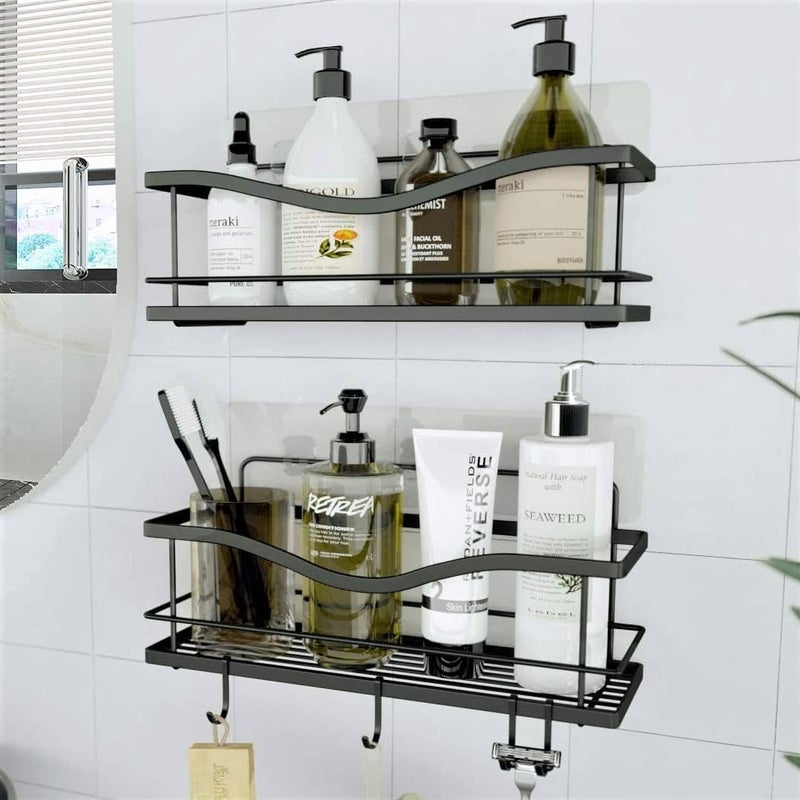 KINCMAX Shower Shelves 2-Pack - Self Adhesive Caddy with 4 Hooks - No Drill Large Capacity Stainless Steel Wall Shelf - Aesthetic Organizer for Inside Bathroom - Matte Black - Image 1