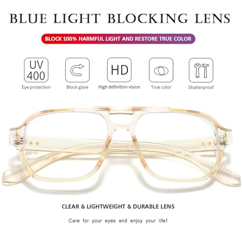 PORADAY Blue Light Blocking Glasses for Women Men 70s Retro Square Aviator Eyeglasses Rectangle Computer Eyewear(Champagne) - Image 4
