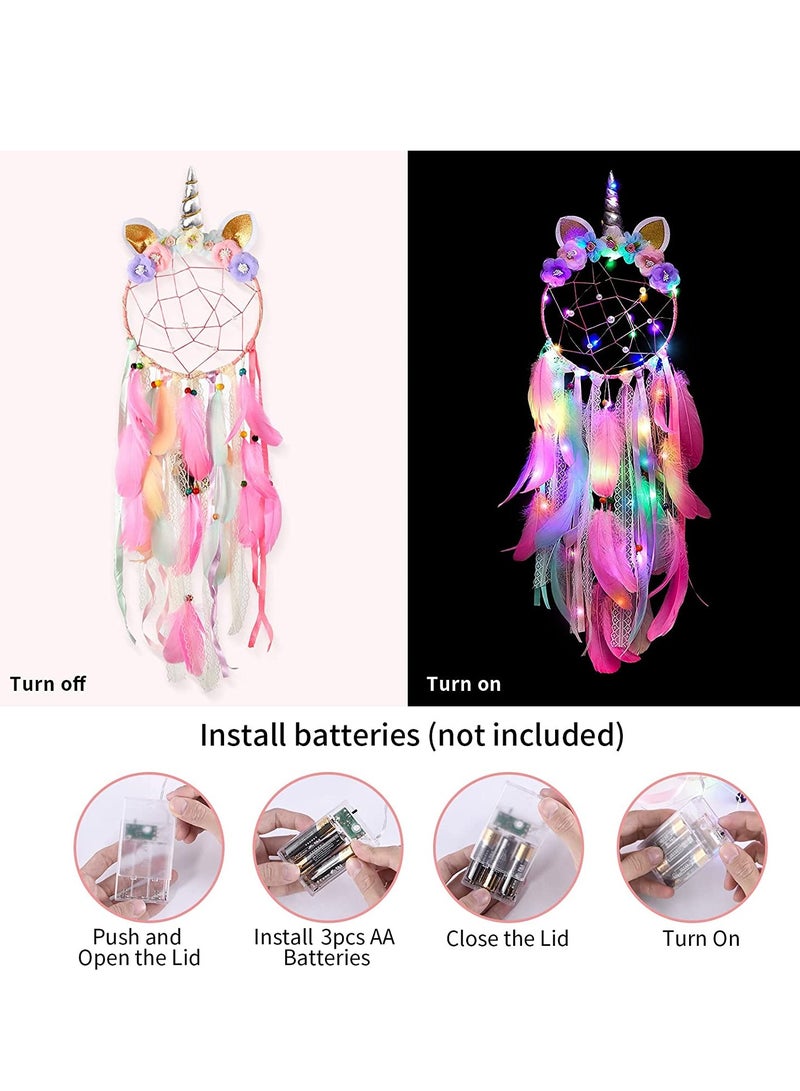 Excefore Dream Catchers Unicorn with Colorful Led Light Feather Flower for Girls Boys Bedroom Wall Decor Hanging Decoration Ornament Birthday Festival Gift Pink Battery Not Included - Image 4