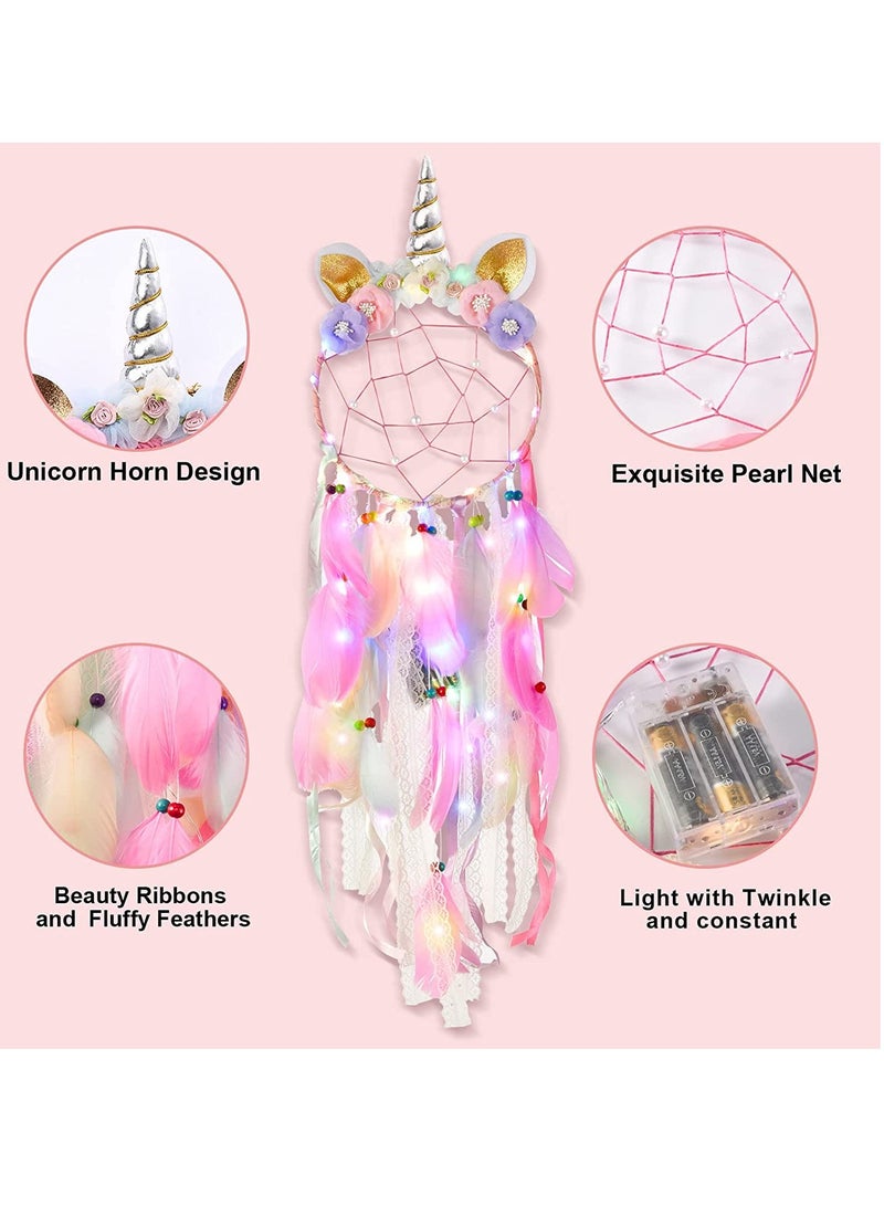Excefore Dream Catchers Unicorn with Colorful Led Light Feather Flower for Girls Boys Bedroom Wall Decor Hanging Decoration Ornament Birthday Festival Gift Pink Battery Not Included - Image 5