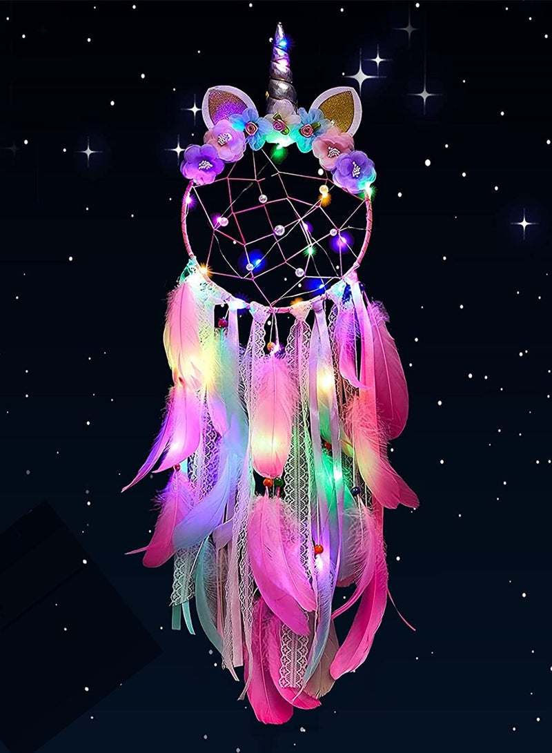 Excefore Dream Catchers Unicorn with Colorful Led Light Feather Flower for Girls Boys Bedroom Wall Decor Hanging Decoration Ornament Birthday Festival Gift Pink Battery Not Included - Image 3
