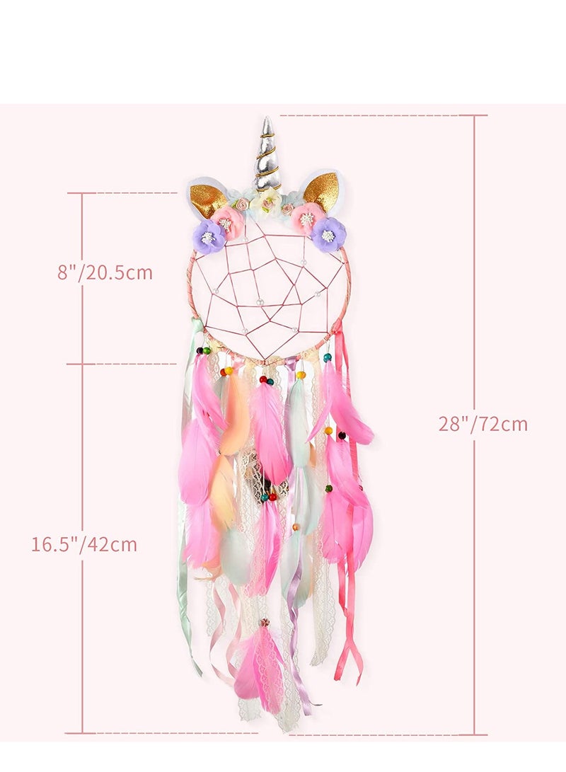 Excefore Dream Catchers Unicorn with Colorful Led Light Feather Flower for Girls Boys Bedroom Wall Decor Hanging Decoration Ornament Birthday Festival Gift Pink Battery Not Included - Image 2
