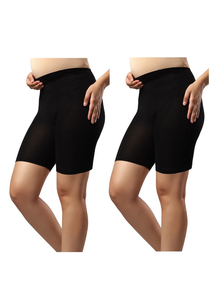 TUMMY Pack of 2 Seamless Maternity Over Belly Support High Waist shorts Panty - Black & Skin - Image 1