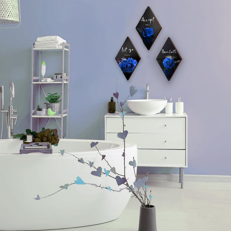 ZINYAZHE 3 Pcs Blue Bathroom Decor Rose Bedroom Wall Decor Farmhouse Inspirational Wood Office Wall Art with Accept Let Go Have Faith Sign for Girl Women Living Room(Blue Rose 12 x 7 Inch) - Image 4