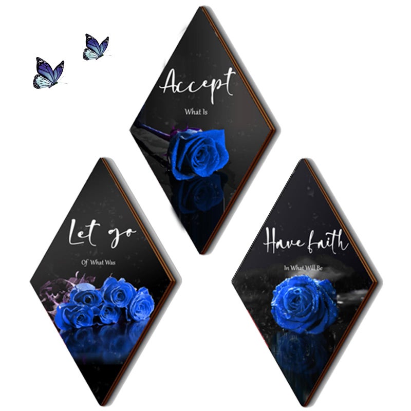 ZINYAZHE 3 Pcs Blue Bathroom Decor Rose Bedroom Wall Decor Farmhouse Inspirational Wood Office Wall Art with Accept Let Go Have Faith Sign for Girl Women Living Room(Blue Rose 12 x 7 Inch) - Image 1