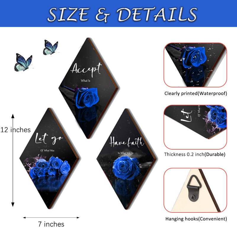 ZINYAZHE 3 Pcs Blue Bathroom Decor Rose Bedroom Wall Decor Farmhouse Inspirational Wood Office Wall Art with Accept Let Go Have Faith Sign for Girl Women Living Room(Blue Rose 12 x 7 Inch) - Image 3