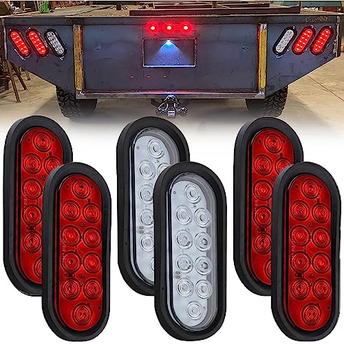 Partswcgg 6Pcs 6 Inch Oval LED Trailer Tail Lights 10 LED, 4 Red and 2 White 6" Oval Led Stop Turn Tail Lights Brake Reverse Back Up Trailer Lights w/Flush Mount Grommets Plugs Waterproof for RV Truck Bus 12V - Image 1