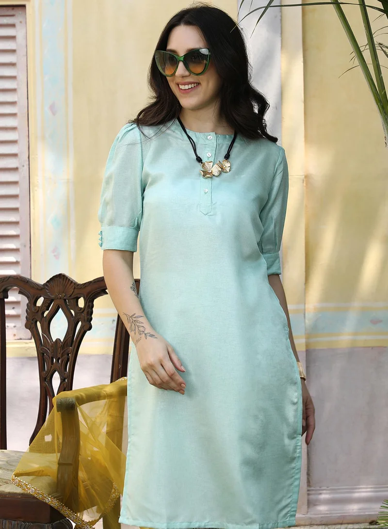 QISSA Women's Aqua Green Cuffed Sleeve Kurta