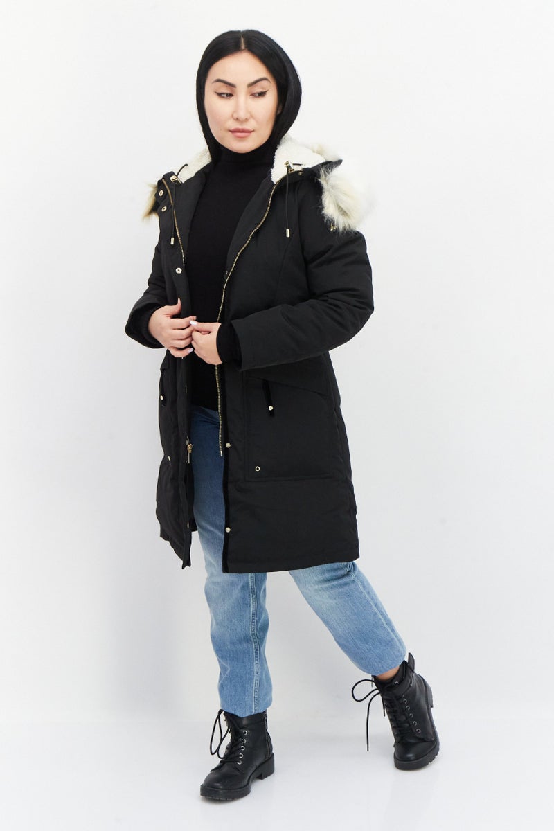Sam Edelman Women Faux Fur Solid Parka Jacket, Black - Image 1