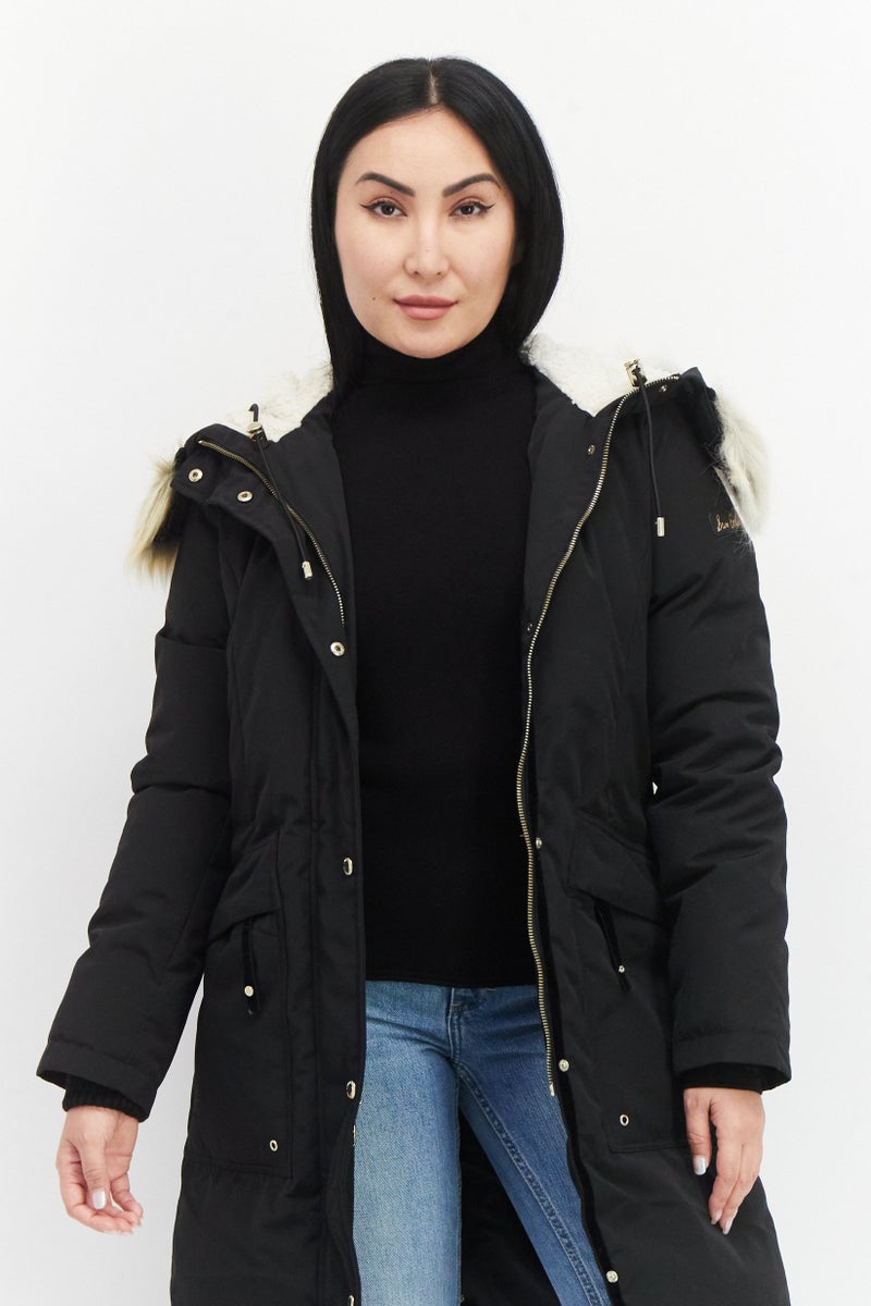 Sam Edelman Women Faux Fur Solid Parka Jacket, Black - Image 2
