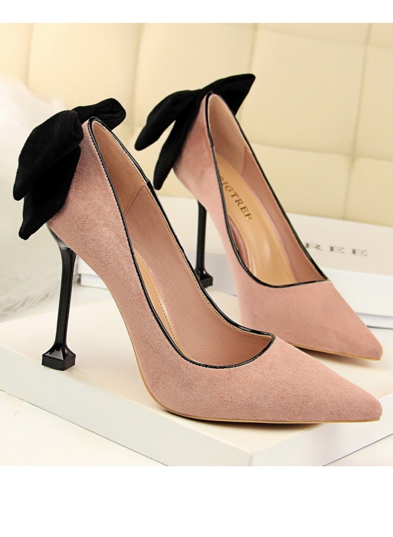 بيج تري Women's Elegant Velour Stiletto Pumps With Bow Knot 9.5 CM Fashion Gorgeous Closed Pointed Toe Slip On Solid High Heels Pink - Image 2