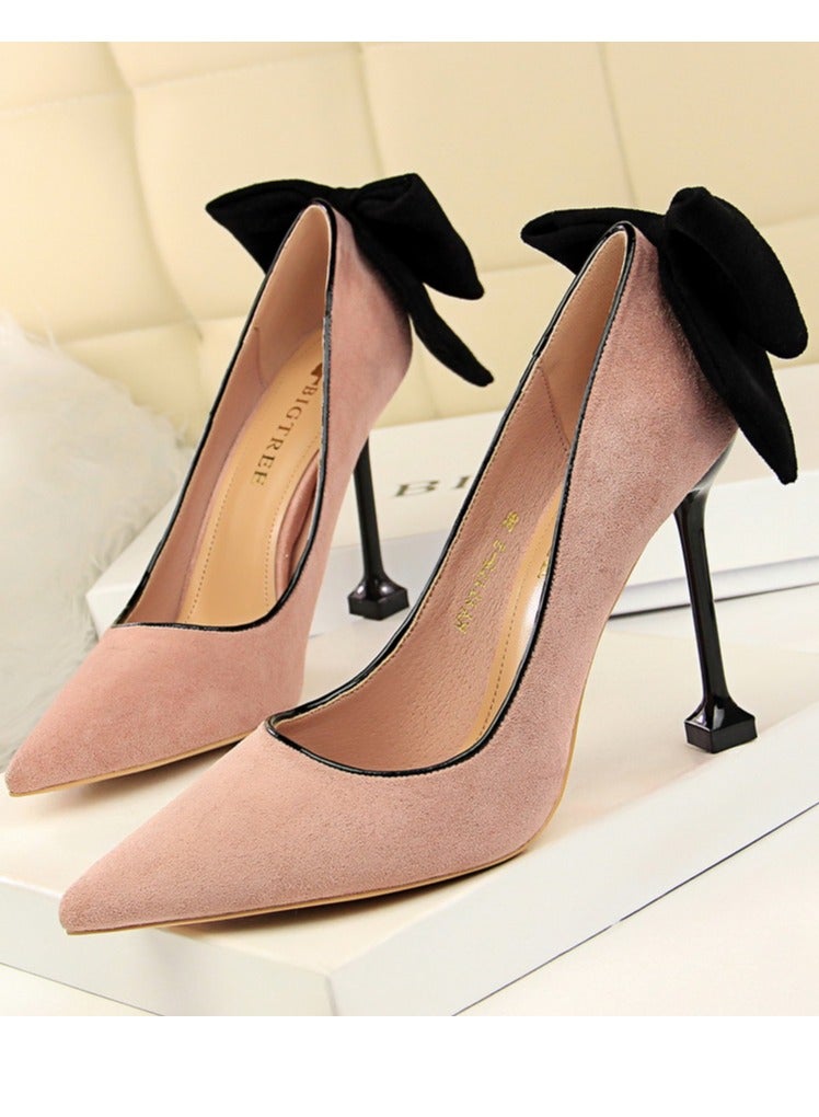 بيج تري Women's Elegant Velour Stiletto Pumps With Bow Knot 9.5 CM Fashion Gorgeous Closed Pointed Toe Slip On Solid High Heels Pink - Image 1
