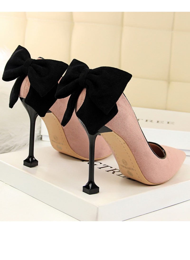 بيج تري Women's Elegant Velour Stiletto Pumps With Bow Knot 9.5 CM Fashion Gorgeous Closed Pointed Toe Slip On Solid High Heels Pink - Image 3