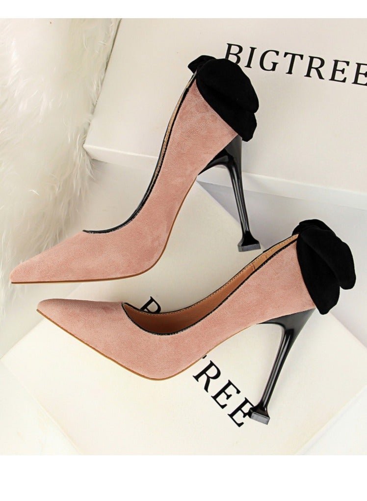 بيج تري Women's Elegant Velour Stiletto Pumps With Bow Knot 9.5 CM Fashion Gorgeous Closed Pointed Toe Slip On Solid High Heels Pink - Image 4
