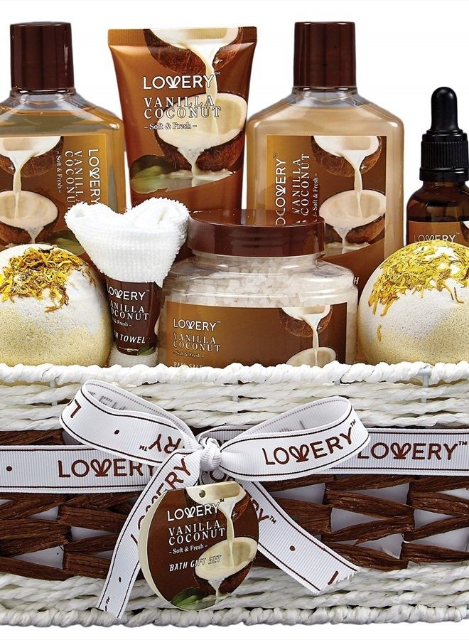 LOVERY Bath and Body Gift Basket For Women and Men – 9 Piece Set of Vanilla Coconut Home Spa Set, Includes Fragrant Lotions, Extra Large Bath Bombs, Coconut Oil, Luxurious Bath Towel & More - Image 1
