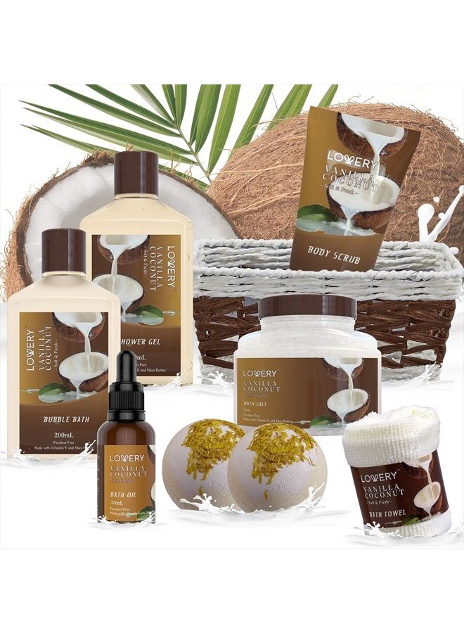 LOVERY Bath and Body Gift Basket For Women and Men – 9 Piece Set of Vanilla Coconut Home Spa Set, Includes Fragrant Lotions, Extra Large Bath Bombs, Coconut Oil, Luxurious Bath Towel & More - Image 5