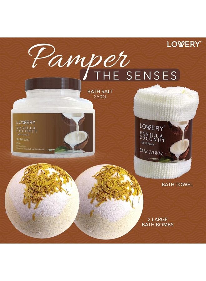 LOVERY Bath and Body Gift Basket For Women and Men – 9 Piece Set of Vanilla Coconut Home Spa Set, Includes Fragrant Lotions, Extra Large Bath Bombs, Coconut Oil, Luxurious Bath Towel & More - Image 3