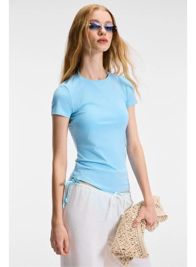 Ethiquet TARELIA Women's Bike Neck Short Sleeve Slim Blue T-Shirt.