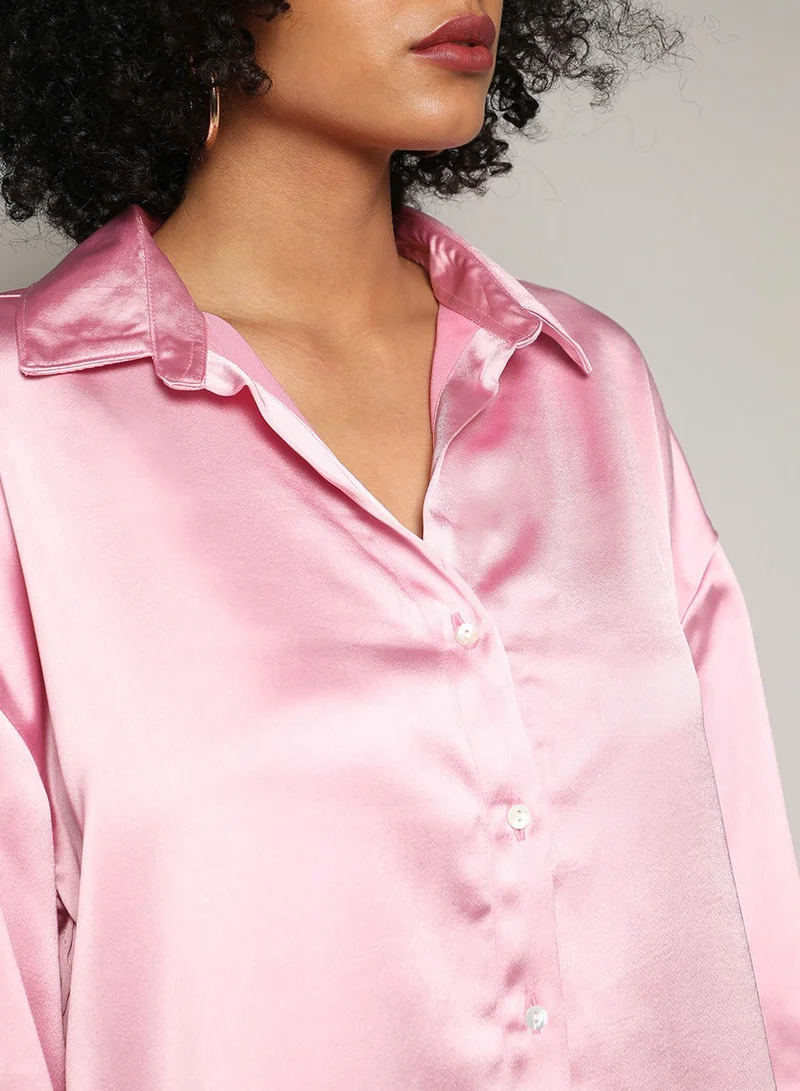 PINACOLADA Women's Blush Pink Boxy Satin Shirt