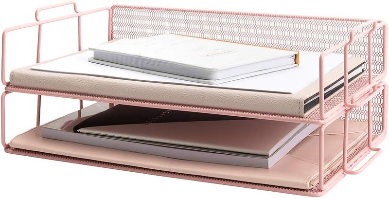 Blu Monaco Pink Mesh Paper Tray – Set of 2 Stackable Letter Trays – Durable Metal Desk Organizer for Home, Office & School – Stylish Document Holder, File Storage, and Workspace Organizer - Image 1