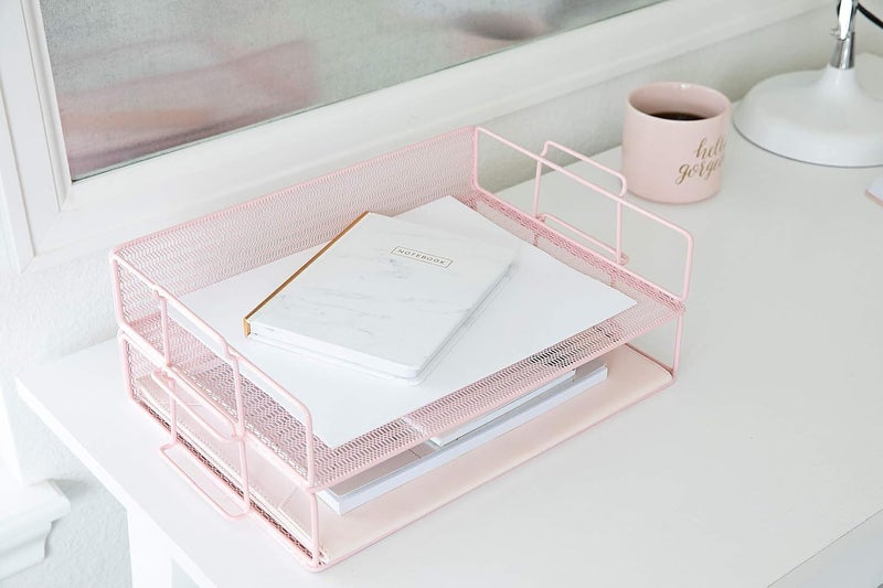 Blu Monaco Pink Mesh Paper Tray – Set of 2 Stackable Letter Trays – Durable Metal Desk Organizer for Home, Office & School – Stylish Document Holder, File Storage, and Workspace Organizer - Image 4