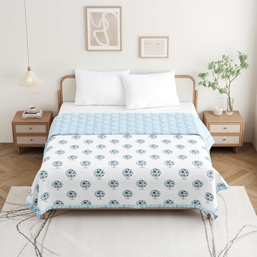 DE CAMA Cotton Double Bed Dohar | Hand Block Printed Summer AC Blanket (90 x 100 Inch)| Mulmul Fabric 150 GSM | Soft & Lightweight Comforter for All Seasons | Reversible Design - Big Block Tree - Image 4
